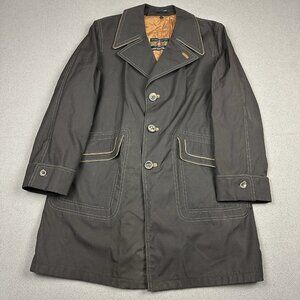 Vintage Cortefiel Brown Leather Trench Coat Sz 46 Made in Spain Men’s Wide Lapel